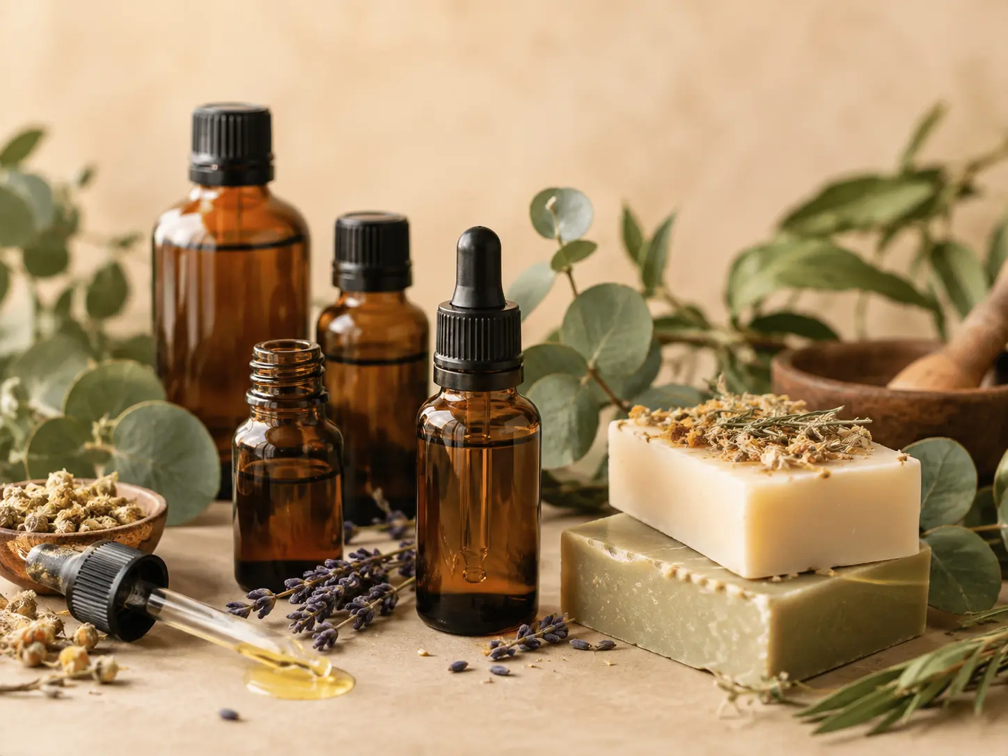 Frascos de aceites esenciales con lavanda y eucalipto